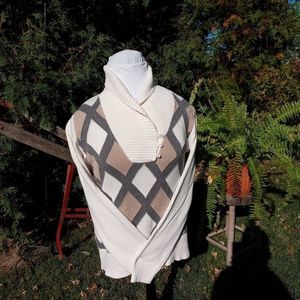 Liz & Co shawl neck button loop XL long sleeve 100% cotton argyle sweater button